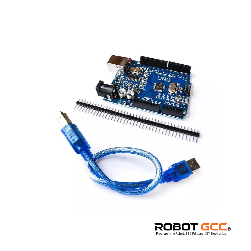 Arduino UNO board with USB cable on a white background, featuring the Robot GCC logo.
