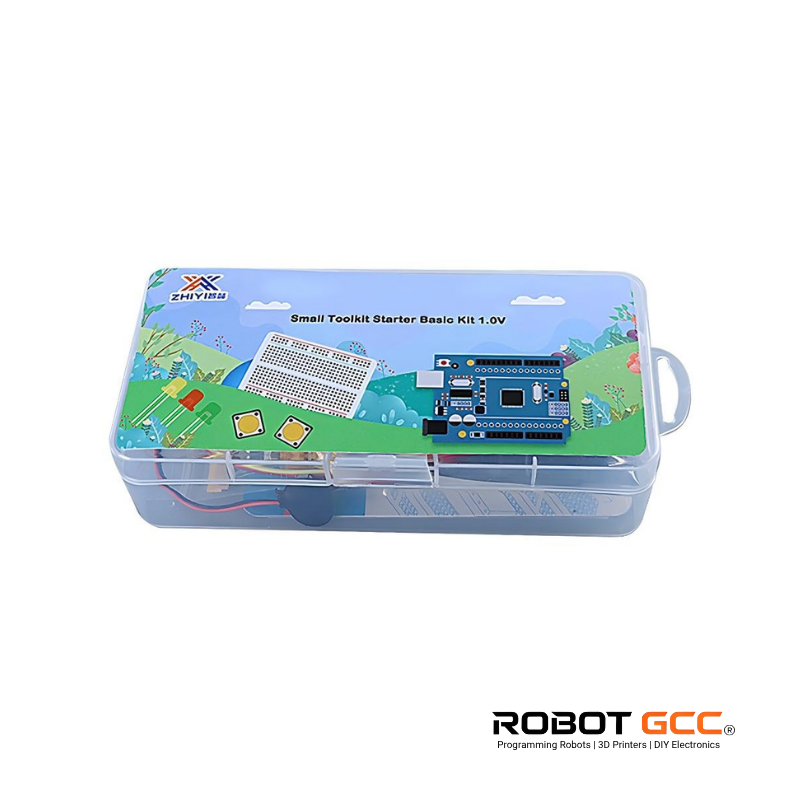 Small toolkit starter kit with electronic components on a white background