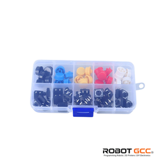Assorted small mechanical parts in a clear plastic box with Robot GCC branding.