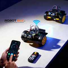 Two remote-controlled cars on a table with a smartphone app controlling one of them, featuring the ROBOT GCC brand.