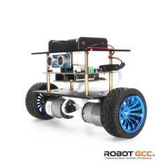 Robot chassis with wheels and electronic components on a white background, featuring the ROBOT GCC logo.