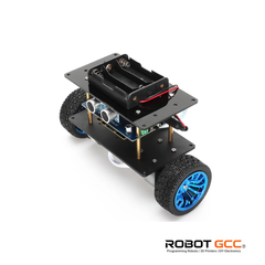 Robot chassis with wheels and electronic components on a white background, featuring the ROBOT GCC logo.