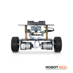 Robot chassis with wheels and electronic components on a white background, featuring the ROBOT GCC logo.