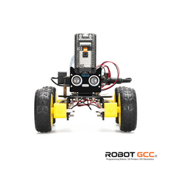 Robot chassis with wheels and electronic components on a white background, featuring the RobotGCO logo.