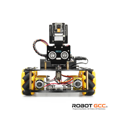 Robotic chassis with electronic components on a white background, featuring the Robot GCC logo.