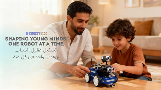 A father teaching his son about Robot