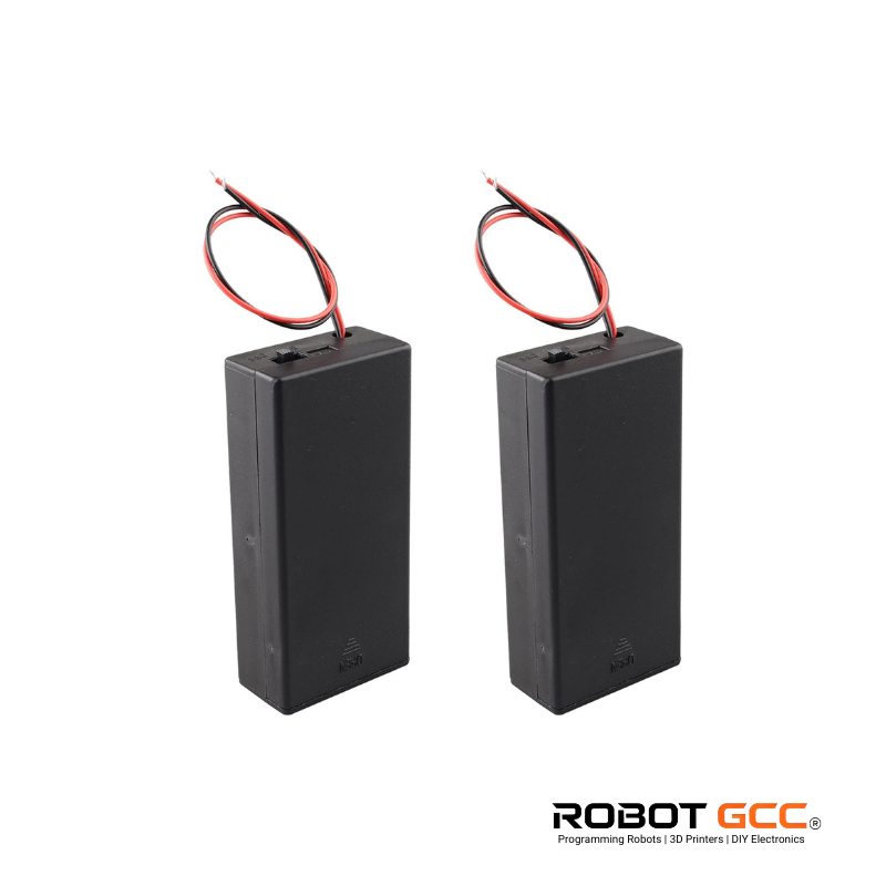Two black rectangular batteries with wires on a white background, featuring the ROBOT GCC logo.