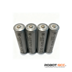 Four silver batteries with visible branding on a white background