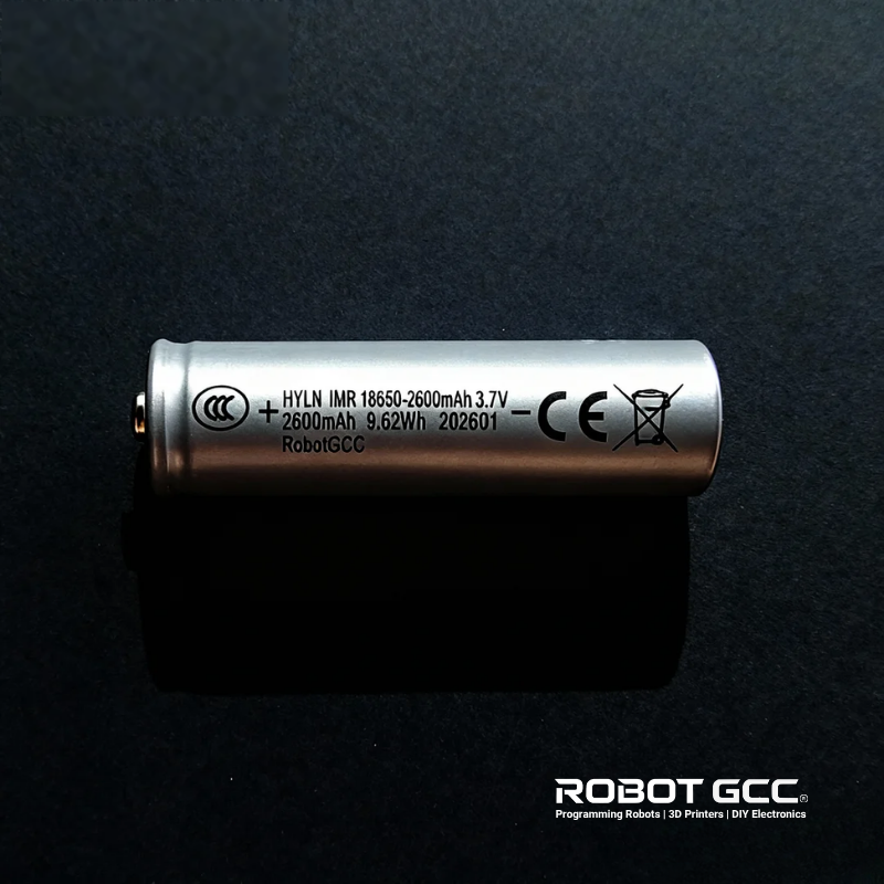 Battery with specifications on a dark background, featuring the ROBOT GCC logo.