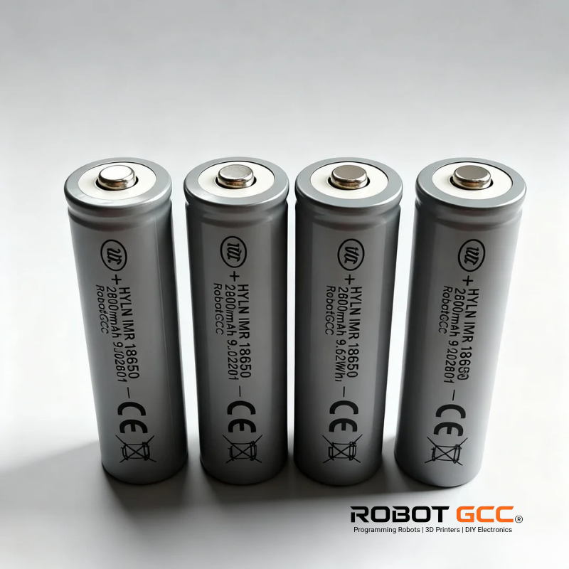 Four gray batteries with visible branding and certification marks on a white background.