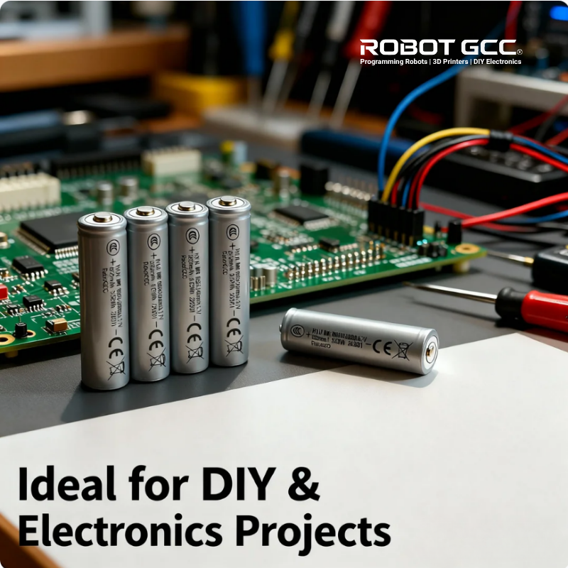 Batteries and electronic components on a workbench with 'Robot GCC' branding.