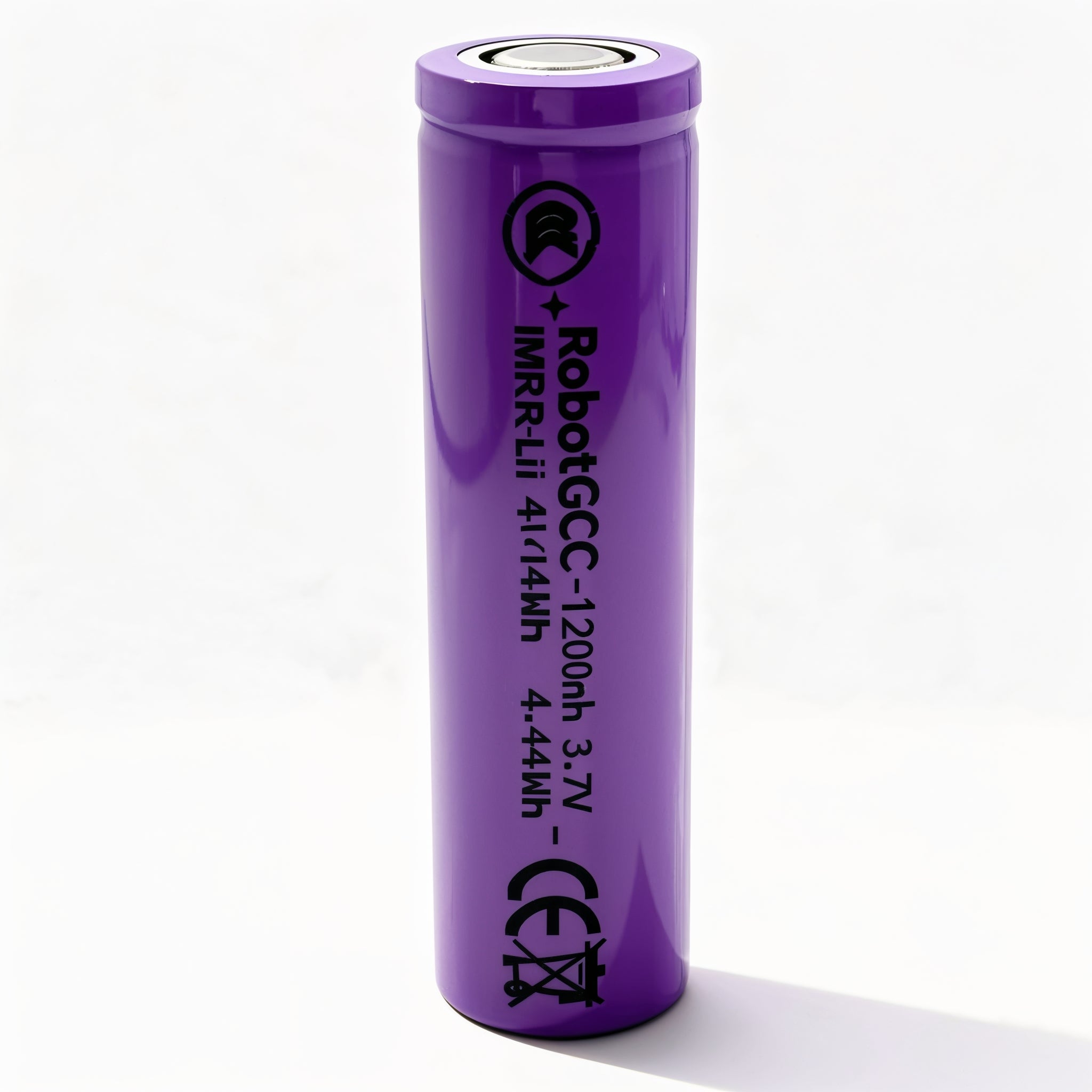 Purple battery with branding and specifications on a white background