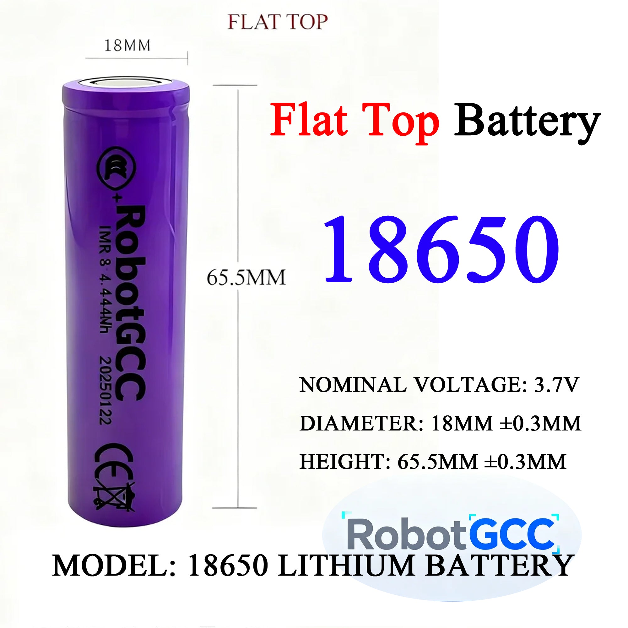 18650 lithium battery with specifications on a white background