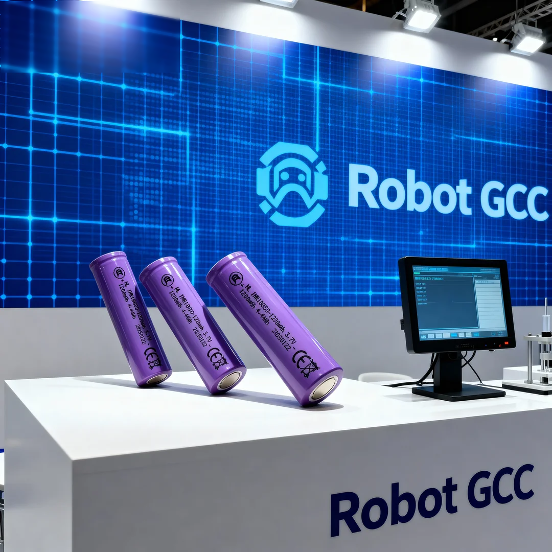 Three purple batteries on a display stand with 'Robot GCC' branding in the background.