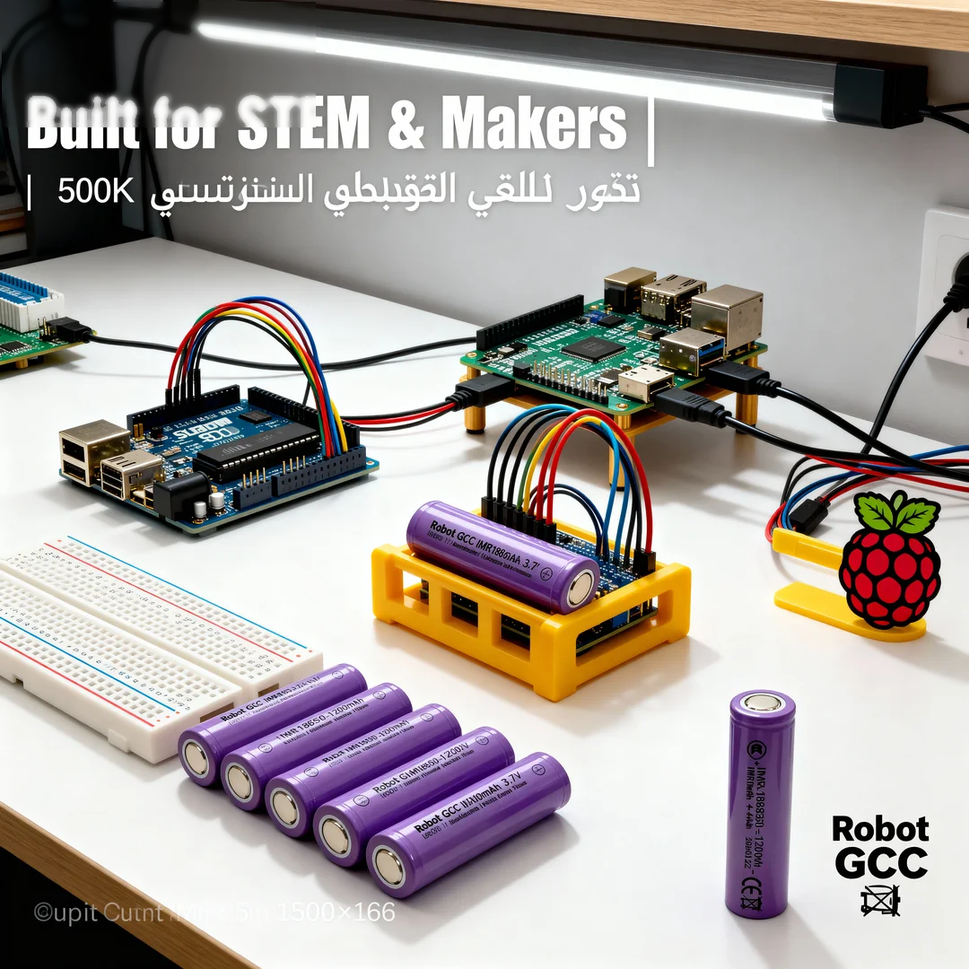 Electronic components and batteries on a workbench with 'Robot GCC' branding.