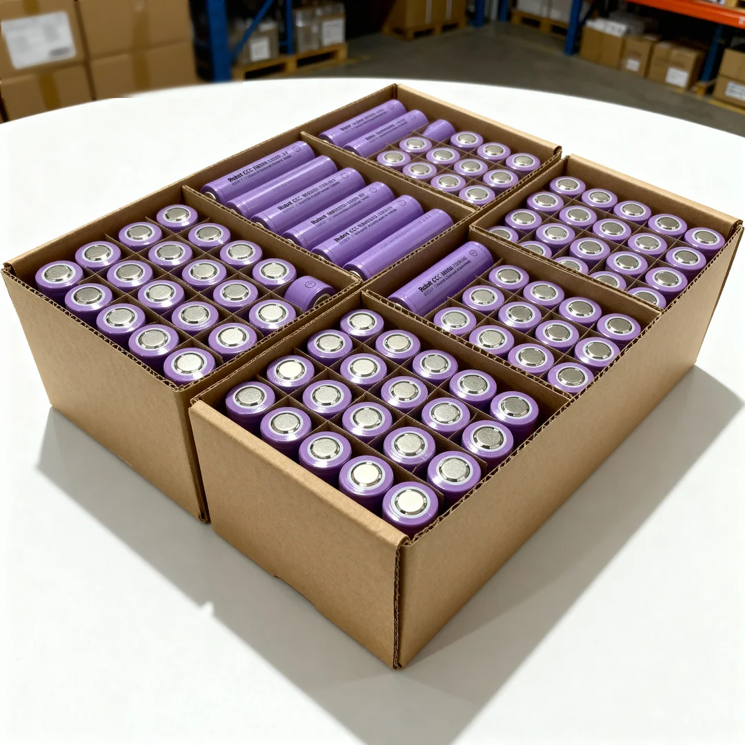 Cardboard boxes filled with purple and silver batteries on a white surface.
