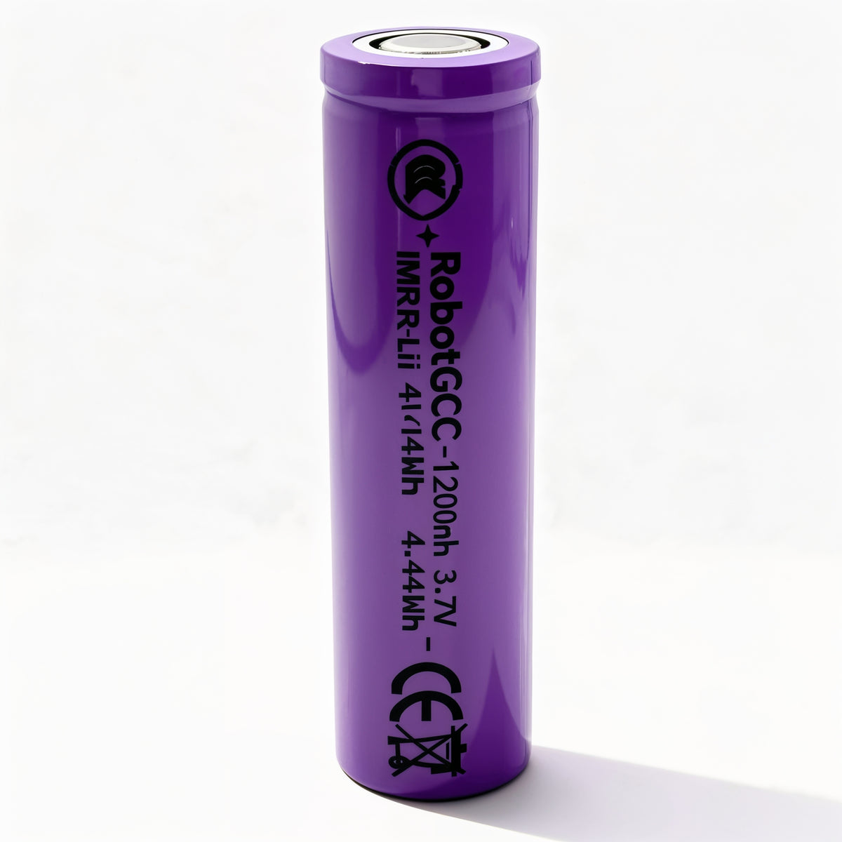 Purple battery with branding and specifications on a white background
