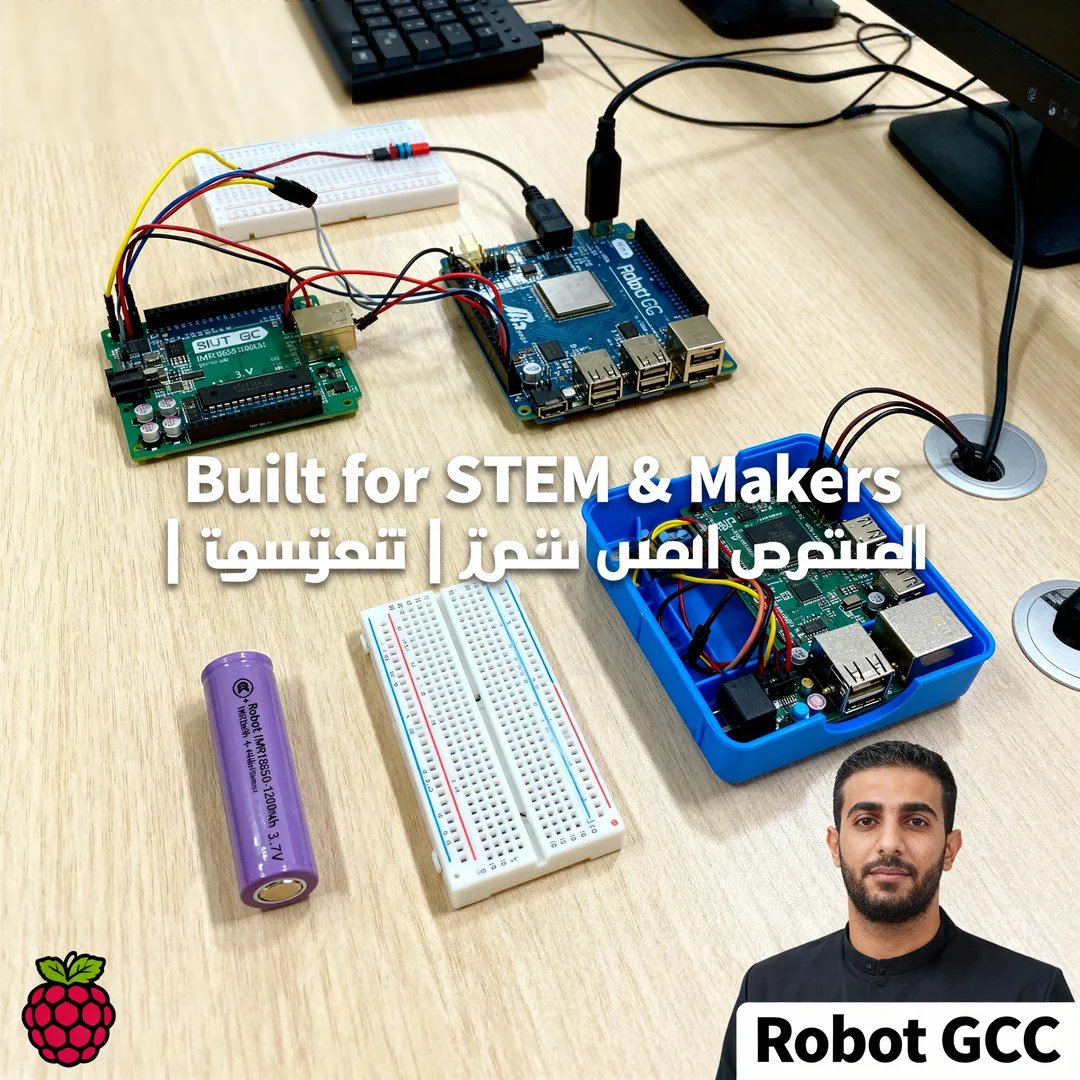 Electronic components and a person on a table with text 'Built for STEM & Makers' and 'Robot GCC' logo.