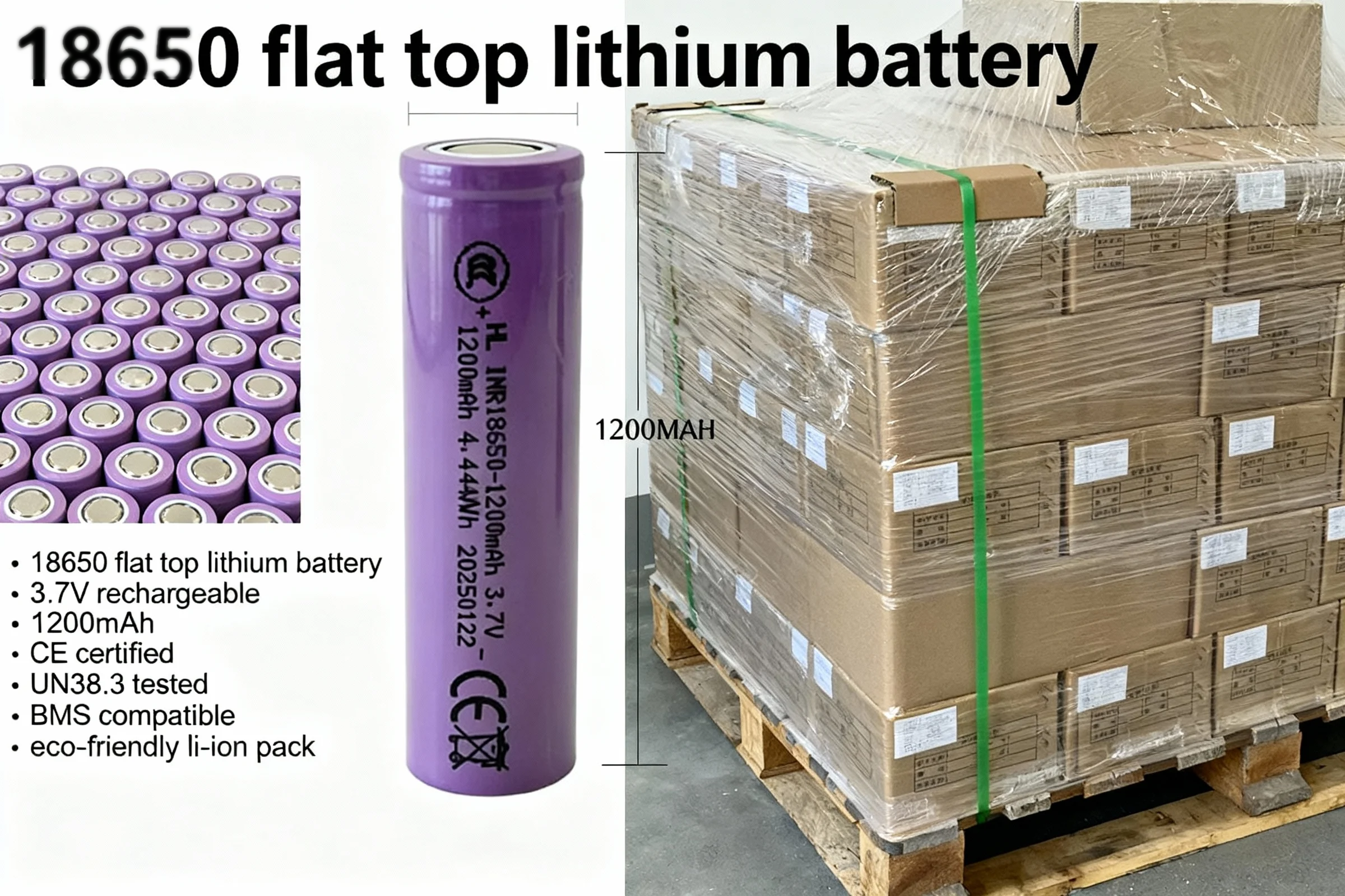 18650 flat top lithium battery with packaging and specifications.