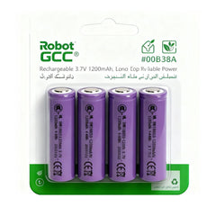 Four purple rechargeable batteries in packaging with Robot GCC branding on a white background