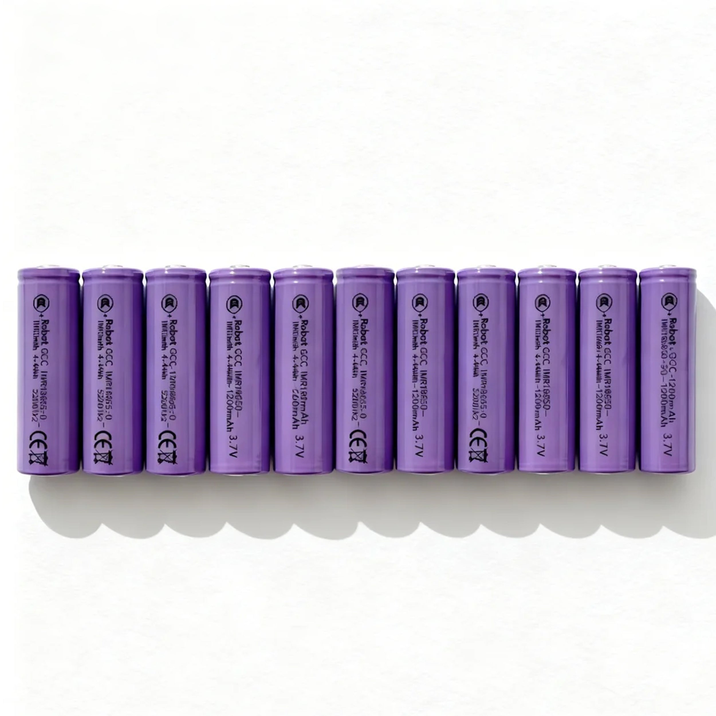 Row of purple batteries with visible branding on a white background