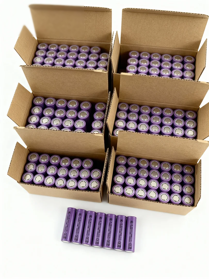 Multiple boxes of purple batteries on a white background