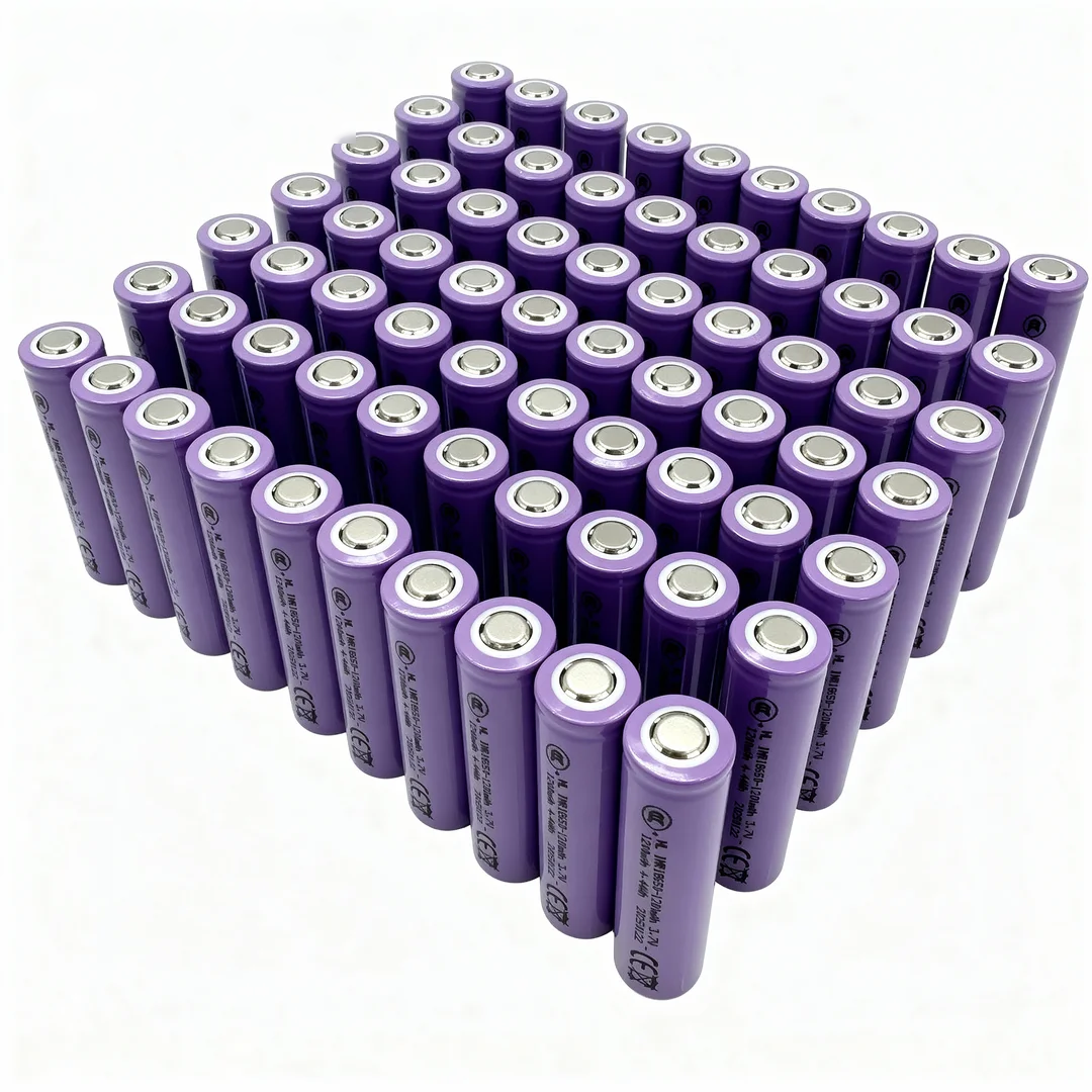 Multiple purple batteries stacked on a white background