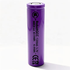 Purple battery with branding and specifications on a white background