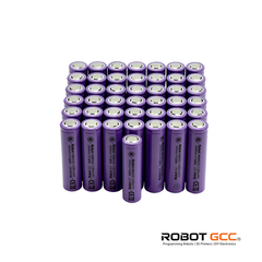 Stack of purple batteries with visible branding on a white background