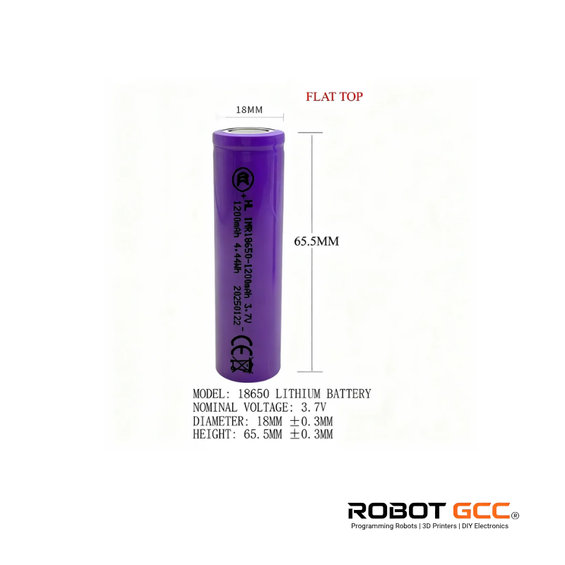 Purple lithium battery with dimensions and specifications on a white background