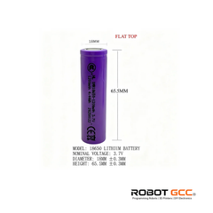 Purple lithium battery with dimensions and specifications on a white background