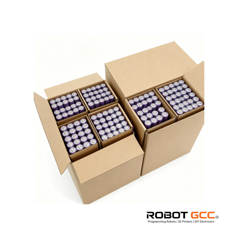 Cardboard boxes filled with small cylindrical batteries on a white background, with 'Robot GCC' branding.