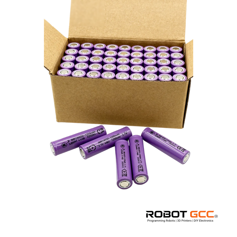 Box of purple batteries with a few on a white background, featuring the Robot GCC logo.