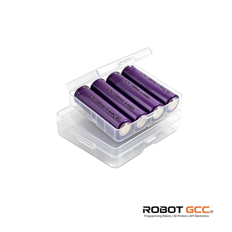 Four purple batteries in a clear plastic case on a white background with 'Robot GCC' branding.
