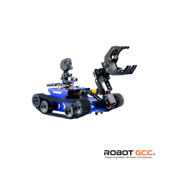 Robotic device with mechanical arm and wheels on a white background, featuring the brand 'Robot GCC'.