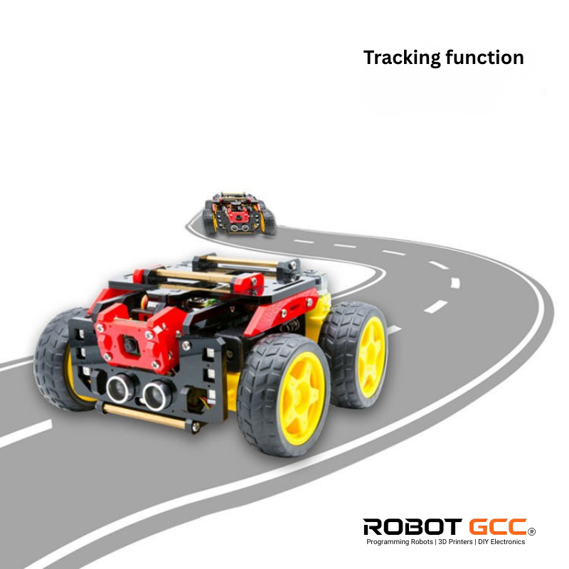 Robotic vehicle with yellow wheels on a road, featuring the ROBOT GCC logo.