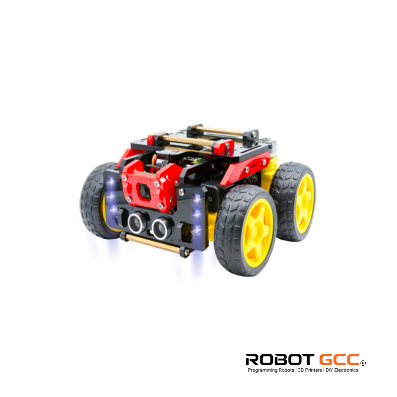 Toy robot car with red and yellow colors on a white background, featuring the brand 'Robot GCC'.