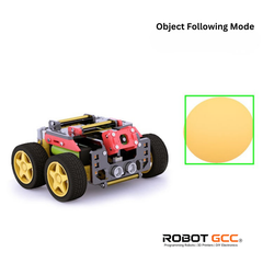 Robot chassis with object following mode feature on a white background, featuring ROBOT GCC branding.