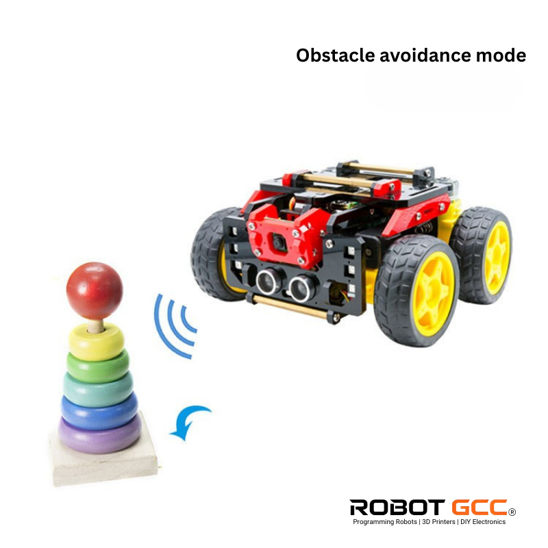 Robotic vehicle with obstacle avoidance mode feature, featuring colorful wheels and a rainbow tower.