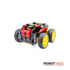 Toy robot car with red and yellow colors on a white background, featuring the brand 'Robot GCC'.