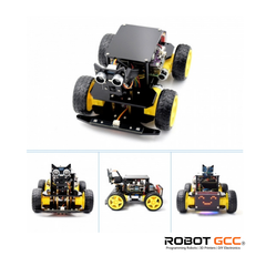 Yellow and black robot chassis with various views on a white background, featuring the ROBOT GCC logo.