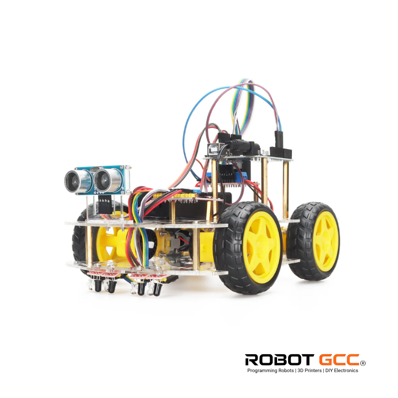Robotic chassis with wheels and electronic components on a white background, featuring the brand 'Robot GCC'.