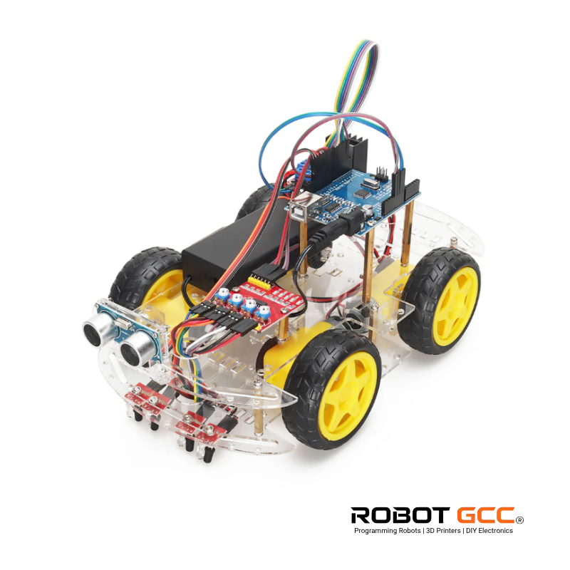 Robot chassis with wheels and electronic components on a white background, featuring the RobotGCC logo.