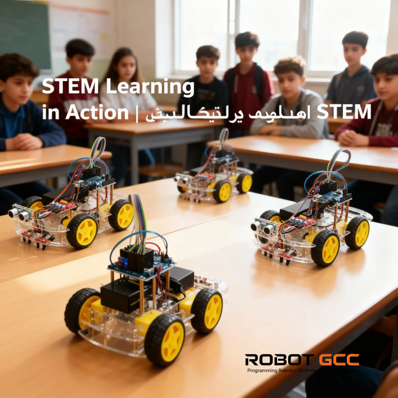 Classroom setting with students and robotic cars, emphasizing STEM education.