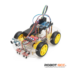 Robot chassis with wheels and electronic components on a white background, featuring the RobotGCC logo.