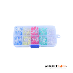 Assorted small electronic components in a divided box with Robot GCC branding.