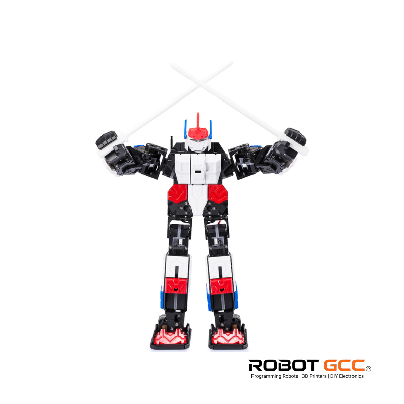 Toy robot with black, white, and red colors on a white background