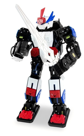 Toy robot figure with black, white, red, and blue colors on a white background