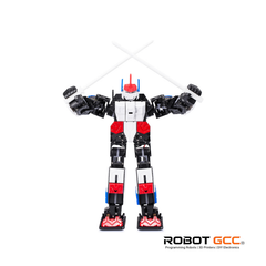 Toy robot with black, white, and red colors on a white background