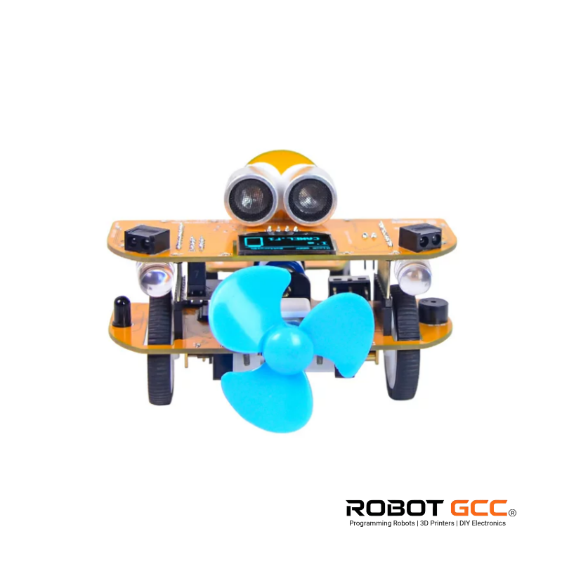 Toy robot with a propeller on a white background, featuring the brand 'Robot GCC'.